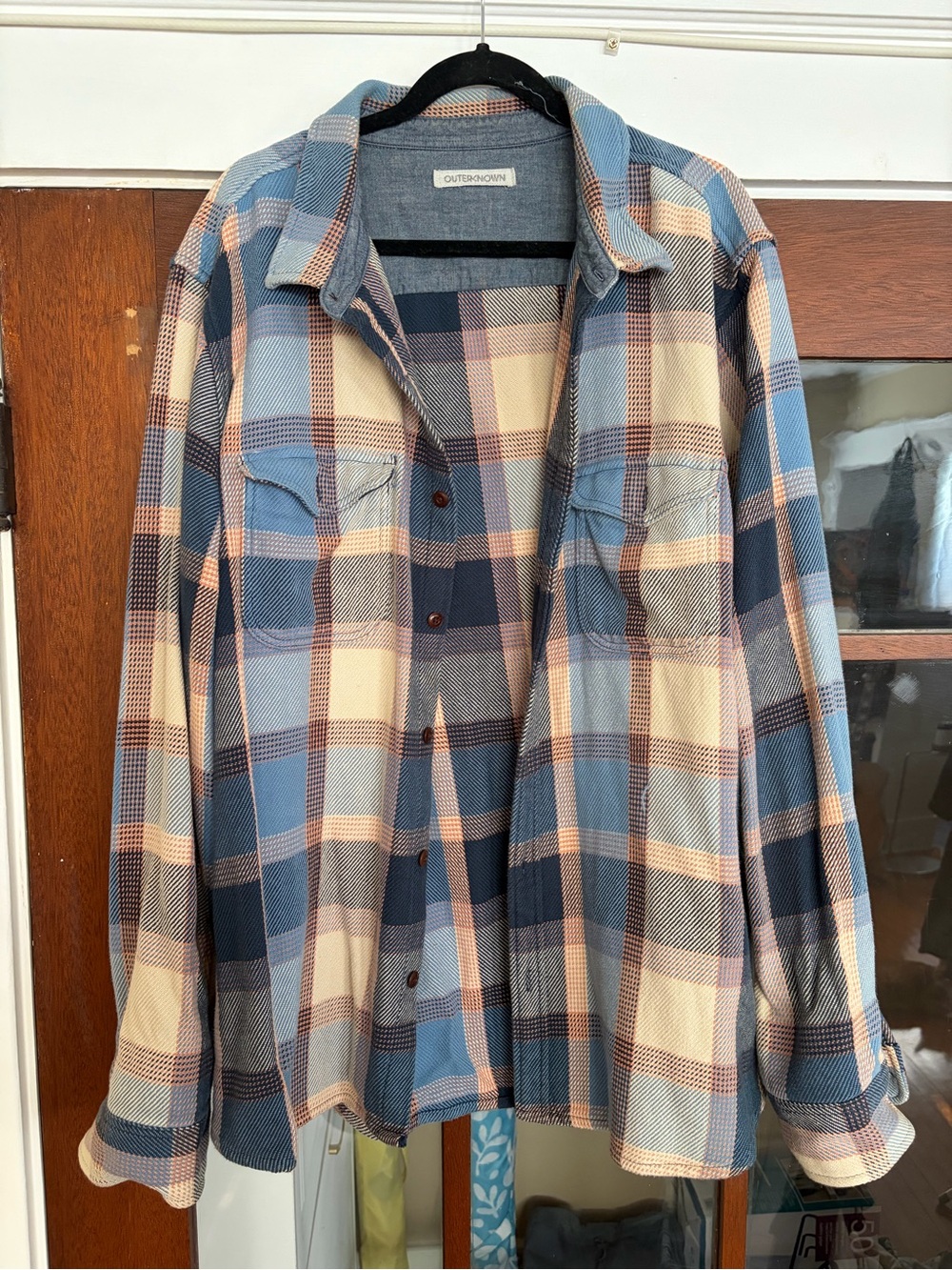 Outerknown Blue, Cream and Brown Plaid Button-Up Shirt Jacket